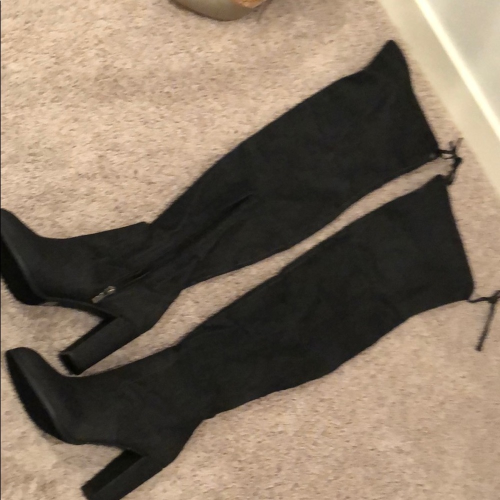 Over the knee, black denim fitted boots